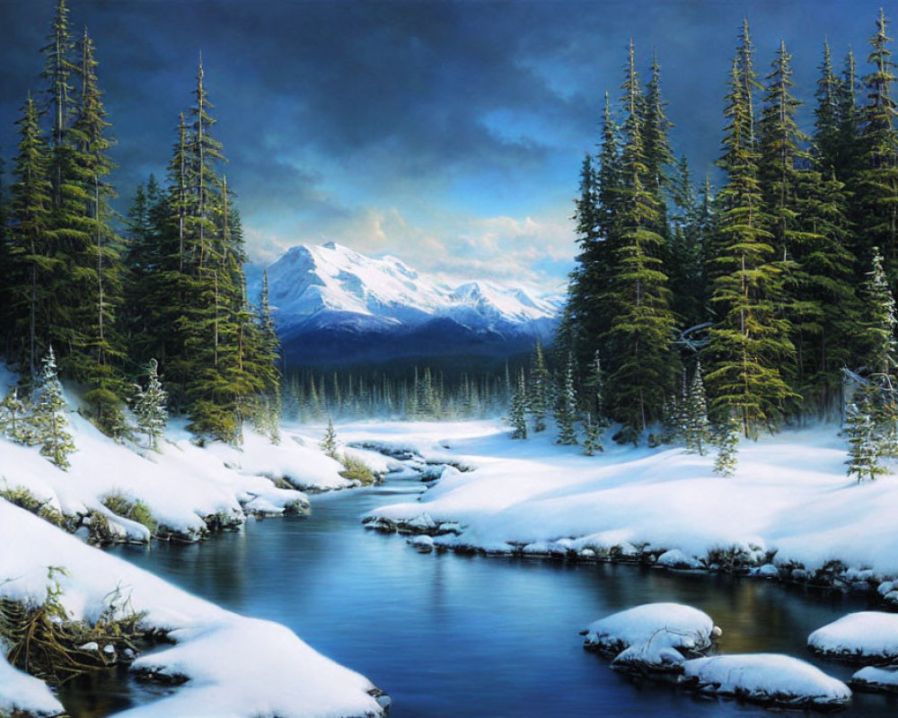 Snowy River Landscape with Evergreen Trees and Mountains