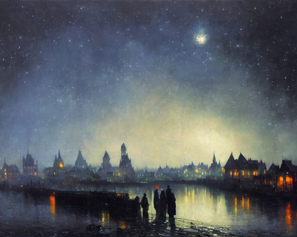 Nocturnal cityscape painting: river, streetlights, buildings, people silhouettes, star