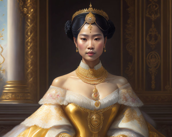 Regal woman in traditional attire with gold jewelry