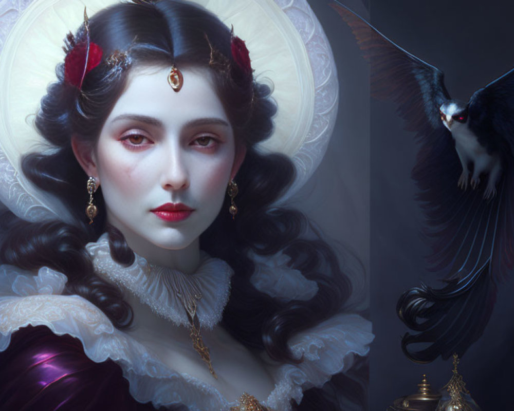 Digital painting featuring woman in vintage attire and bat with outstretched wings