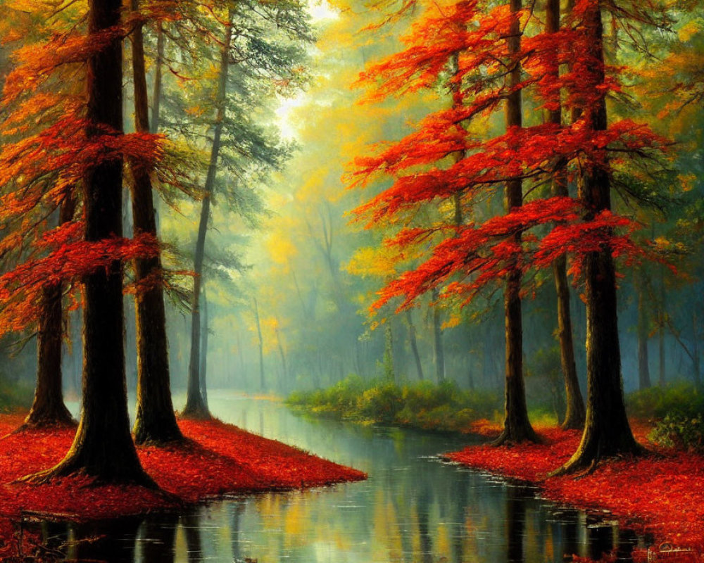Vibrant red-leaved trees by serene river in misty autumnal landscape