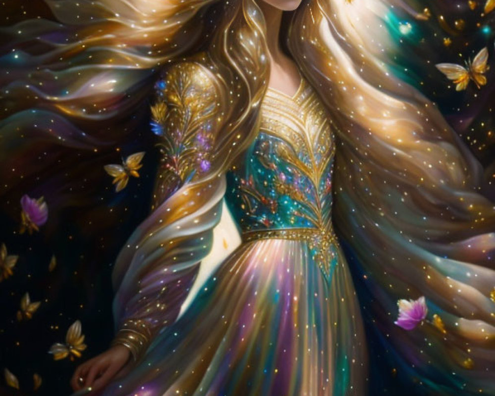 Fantasy portrait of woman with long hair in cosmic setting