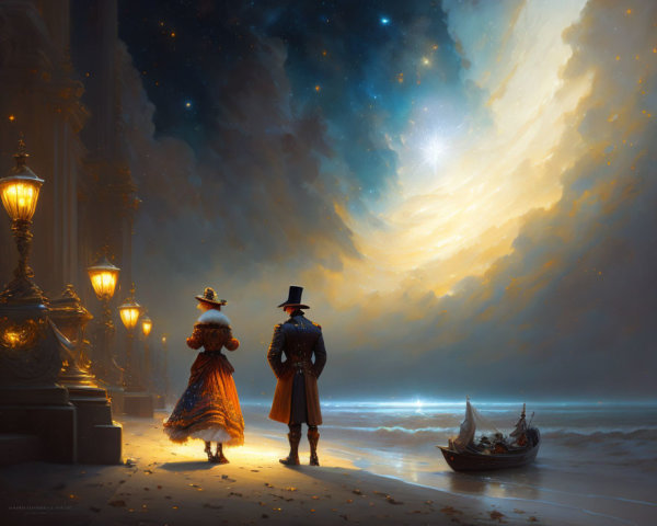 Elegantly dressed couple on shore under starry sky with boat and street lamps