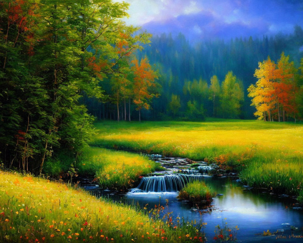 Tranquil landscape with waterfall, greenery, wildflowers, and misty sky
