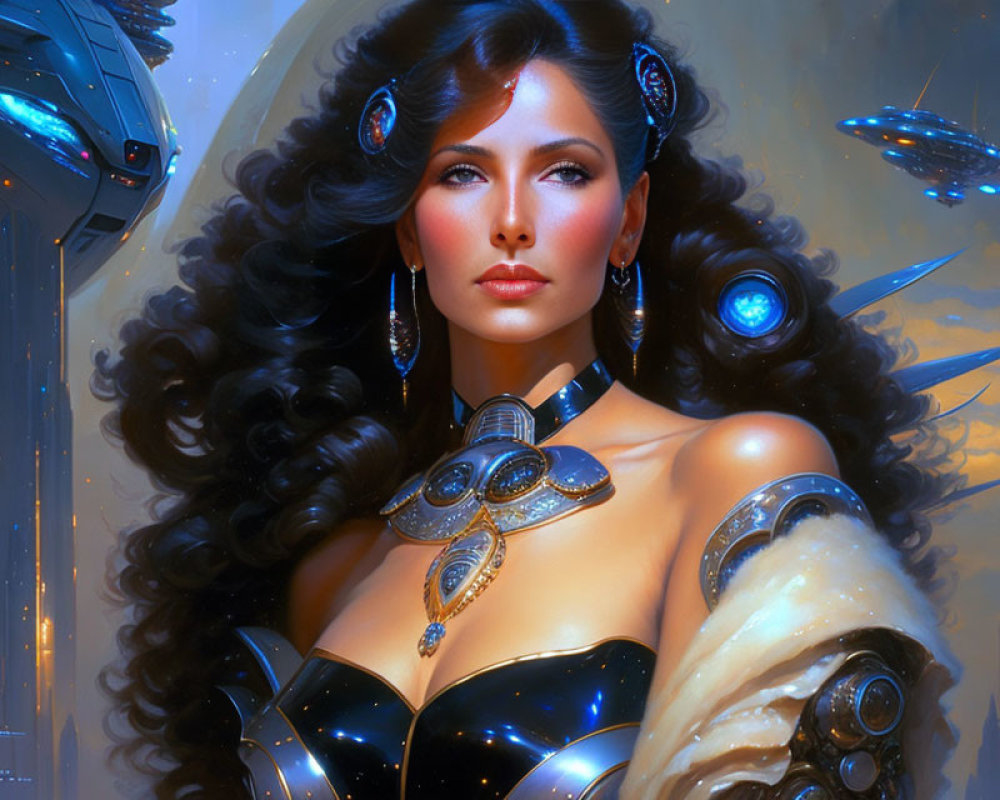Futuristic digital artwork of a woman in ornate jewelry and glowing elements in a sci-fi setting