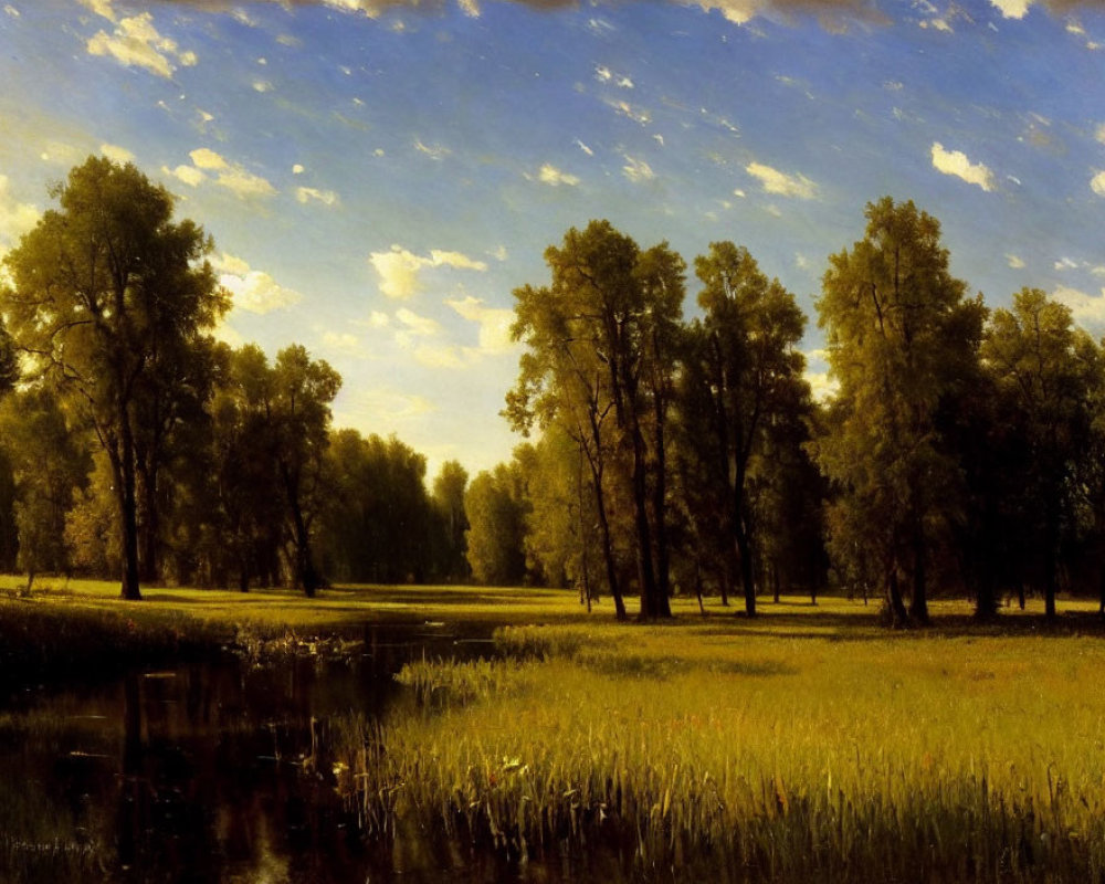Tranquil landscape: tall trees, calm river, lush grass, vast sky.
