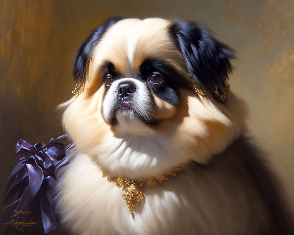 Regal Pekingese Dog with White and Black Fur, Gold Necklace, and Purple Ribbon