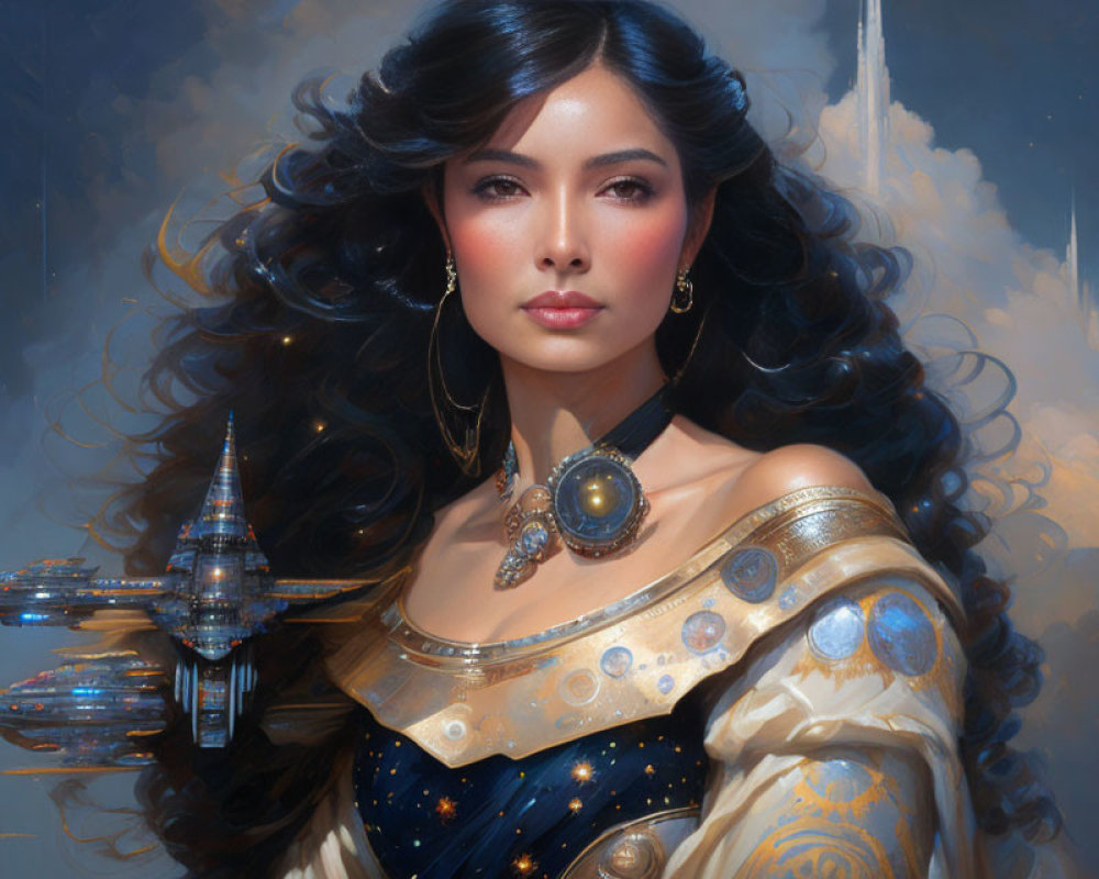 Woman in golden armor with spaceship backdrop