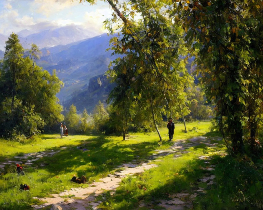 Scenic landscape painting: sunny pathway, lush greenery, people walking, distant mountains, dapp