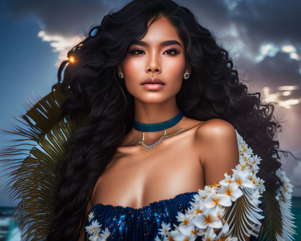 Long-Haired Woman in Blue Sequined Dress with Flowers Against Dramatic Sky