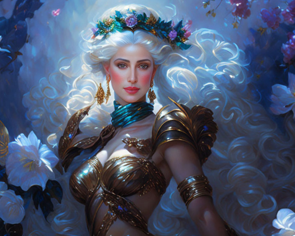 Illustration of woman with wavy hair, floral wreath, and golden armor in lush setting