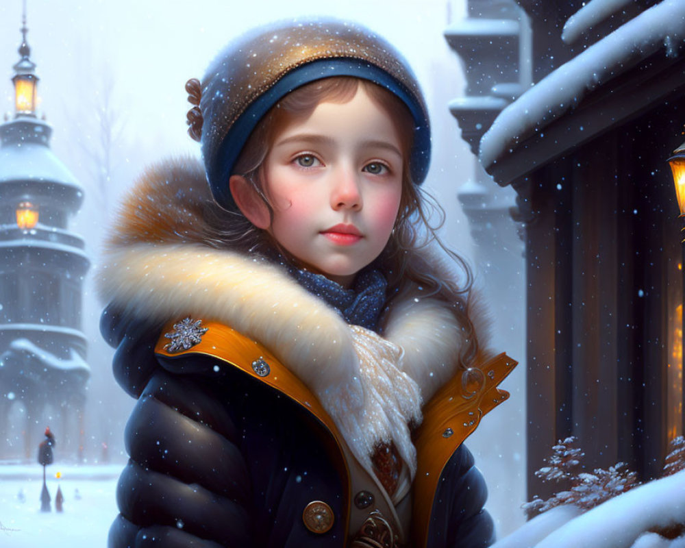 Young girl in winter attire with fur collar and beret in snowy landscape