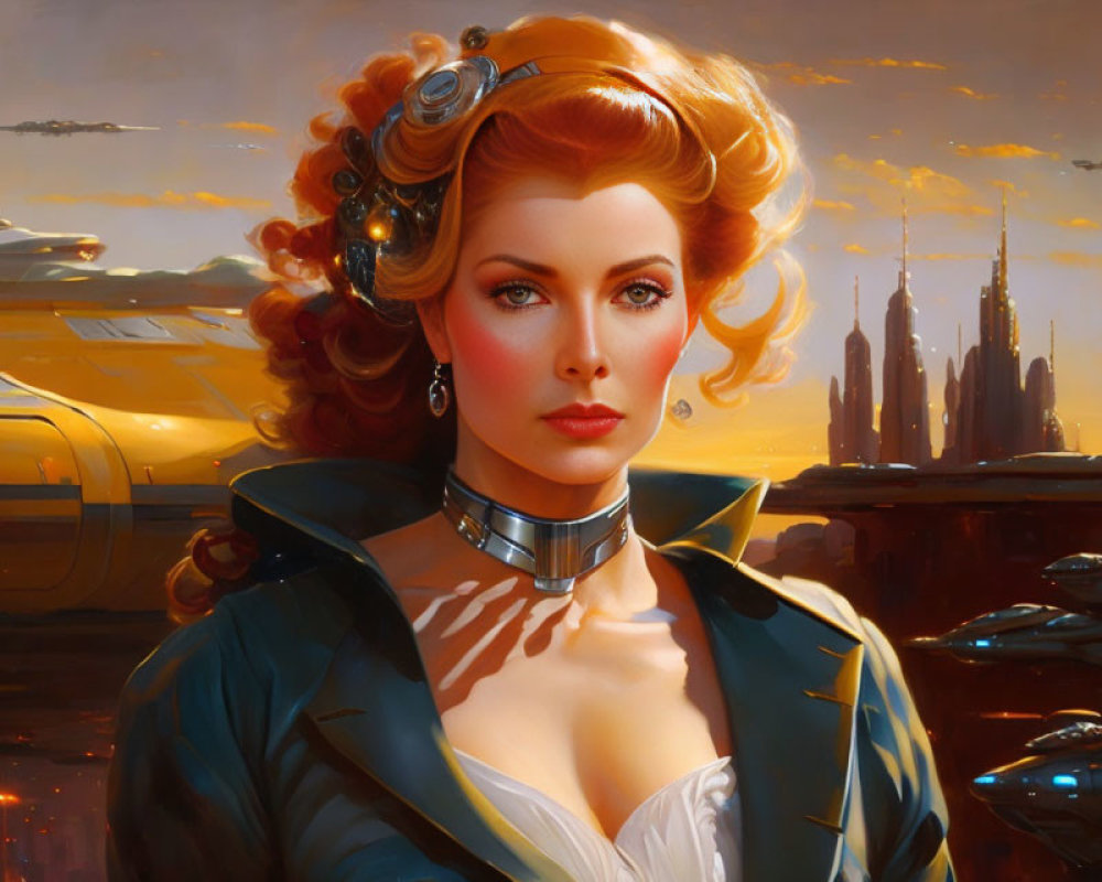 Futuristic portrait of a woman with red hair and cybernetic neck piece