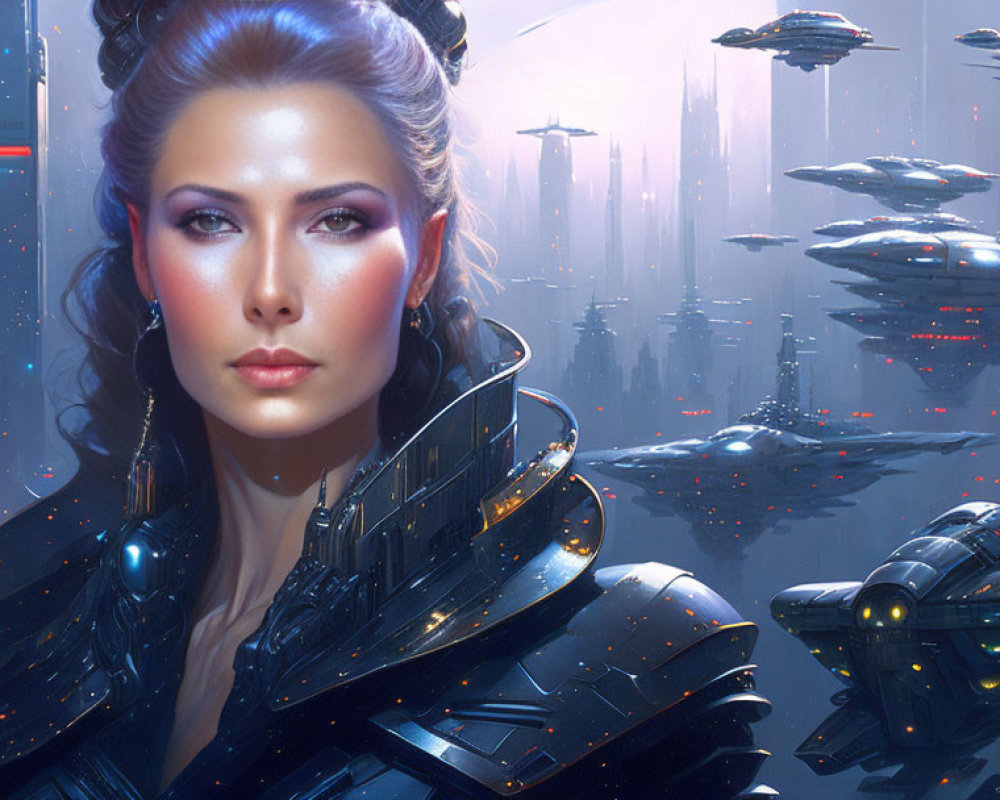 Futuristic female warrior in sci-fi cityscape with spacecraft
