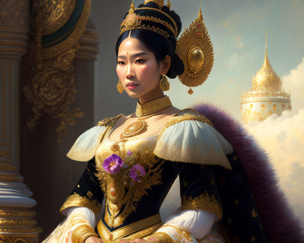 Regal woman in traditional dress with gold jewelry and headdress against palace backdrop