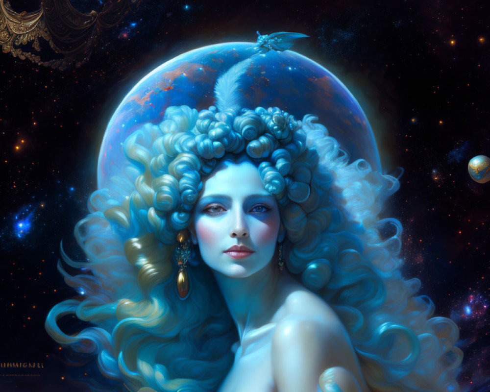 Surreal portrait of woman with blue curls in cosmic setting