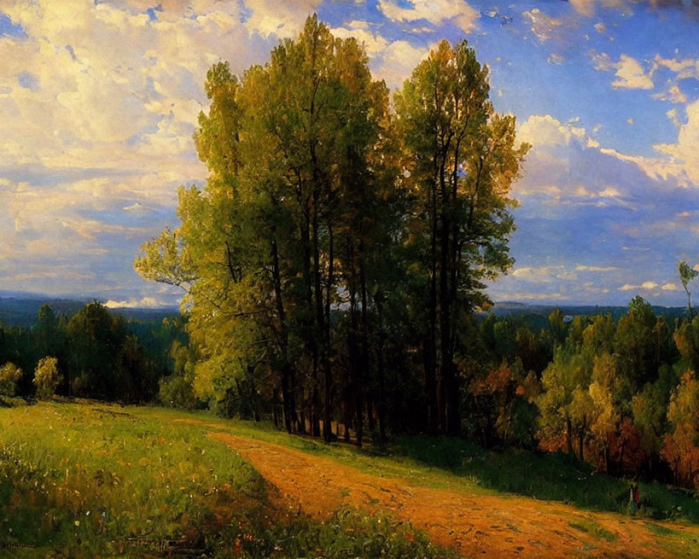 Lush green tree grove under vivid blue sky with dirt path.
