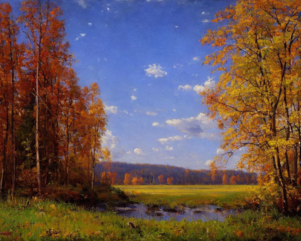 Vibrant autumn landscape with golden trees and serene stream