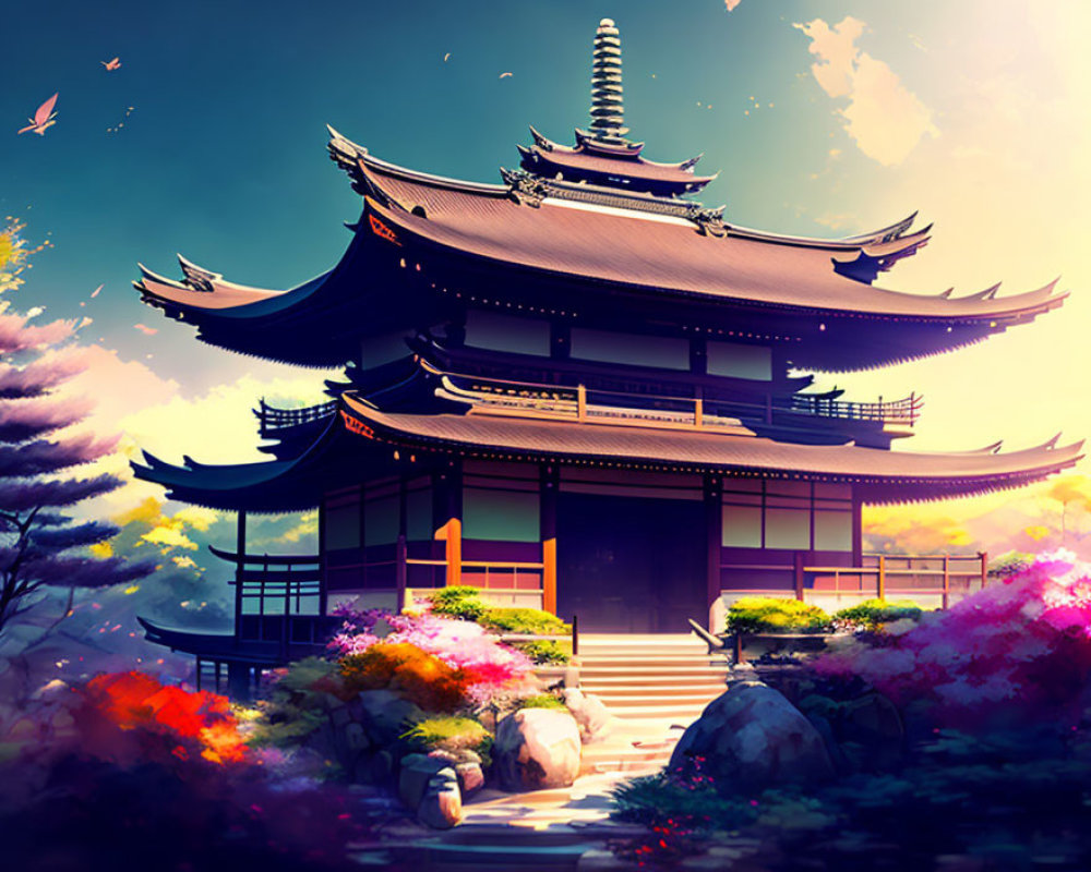 Traditional pagoda surrounded by vibrant nature and birds in colorful sky