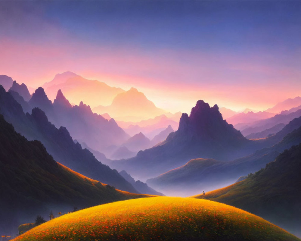 Person on Flower Hill with Majestic Mountains and Sunset Sky