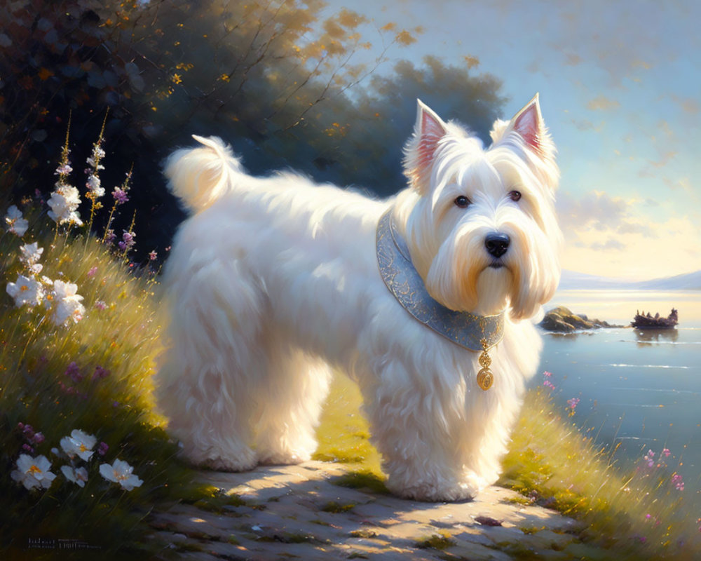 West Highland White Terrier on Coastal Path with Boats and Flowers