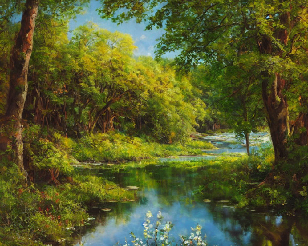 Tranquil landscape: lush forest, green trees, blue river, white flowers