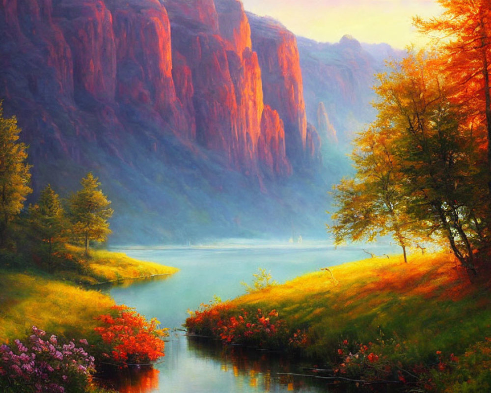 Tranquil autumn lake scene with vibrant colors and red cliffs