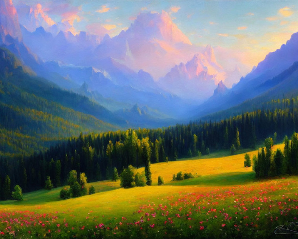 Colorful landscape painting: meadow, red flowers, forest, mountains, pastel sky