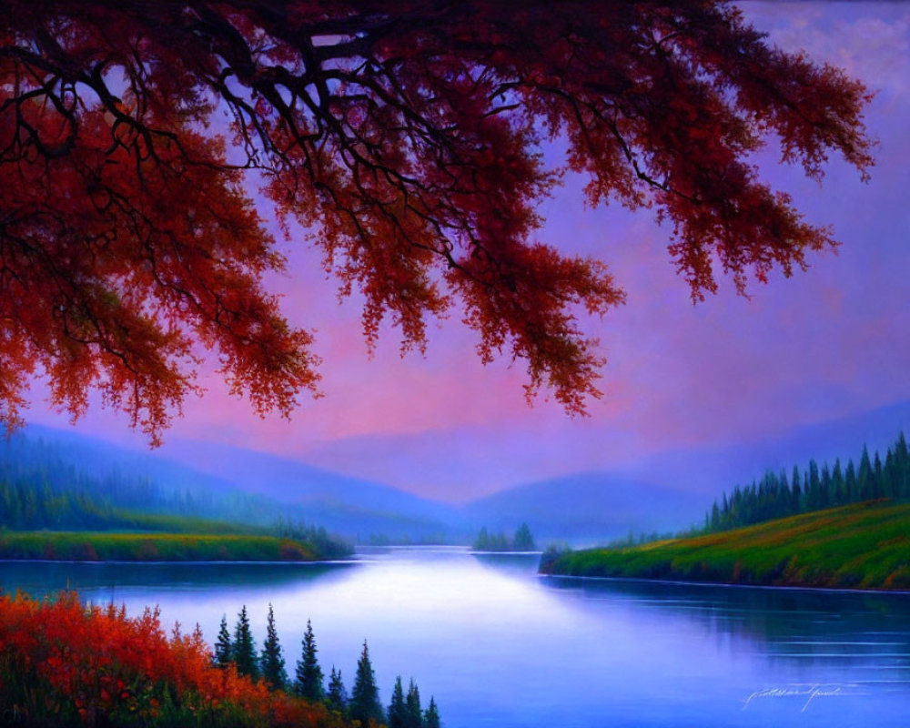 Colorful autumnal landscape painting with lake, trees, and hills under purple sky