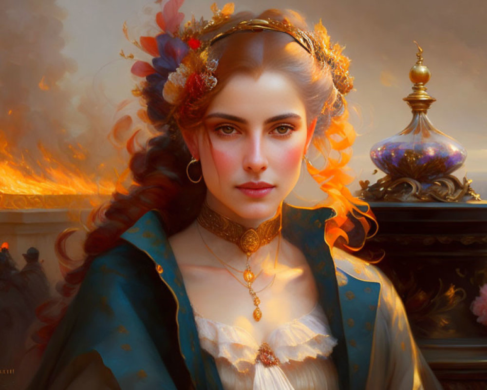 Fantasy-style digital painting of a woman in elegant attire with warm tones and fiery backdrop