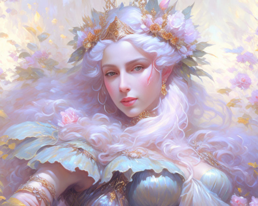 White-Haired Woman with Gold Adornments Surrounded by Pink Blossoms