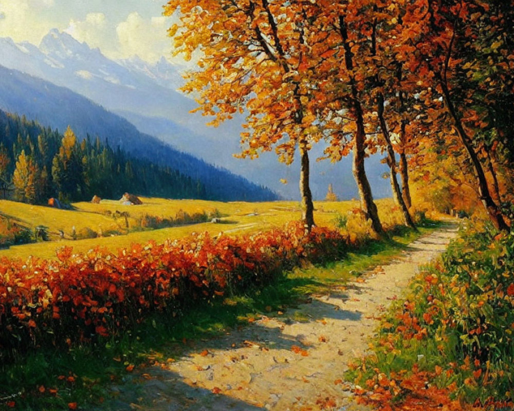 Vibrant autumn landscape painting with path and mountains