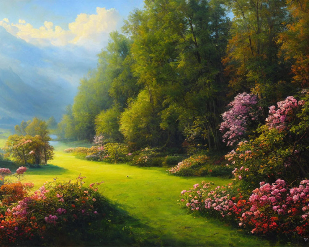 Scenic green landscape with pink and white flowers, trees, and distant mountains