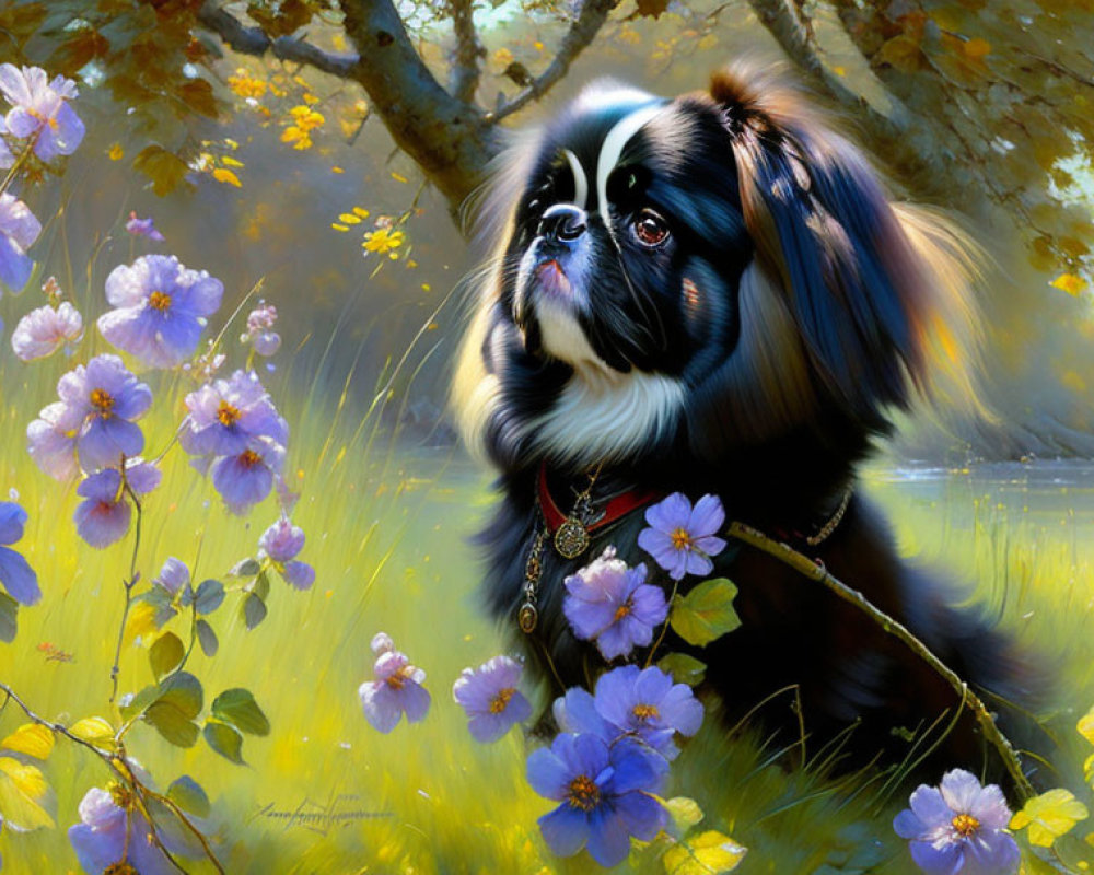 Majestic black and white dog in sunlit field of violet flowers