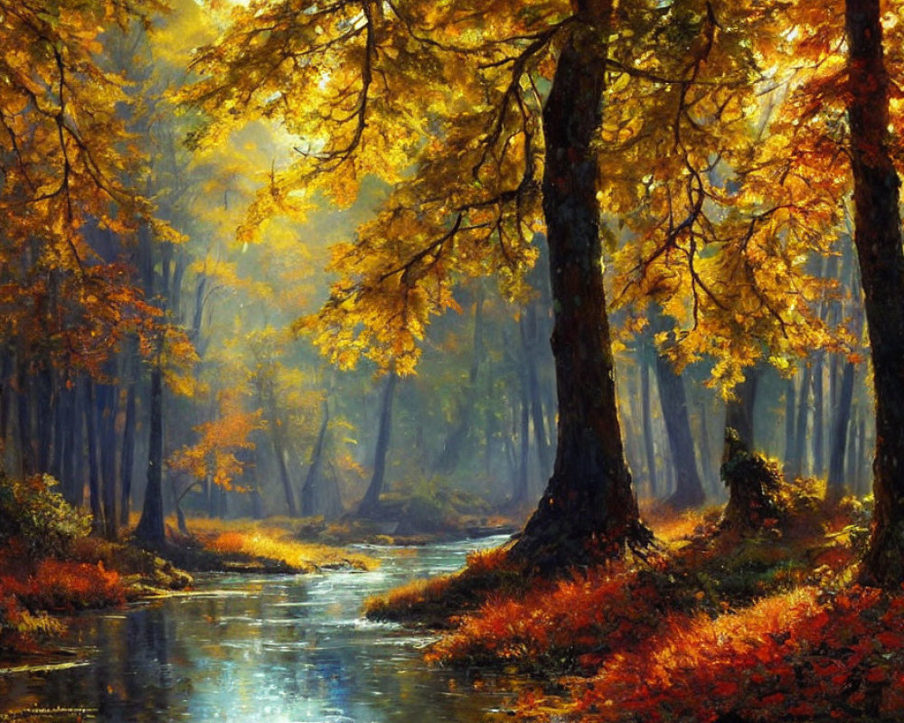 Golden-hued autumn forest with tranquil stream and sunlight.