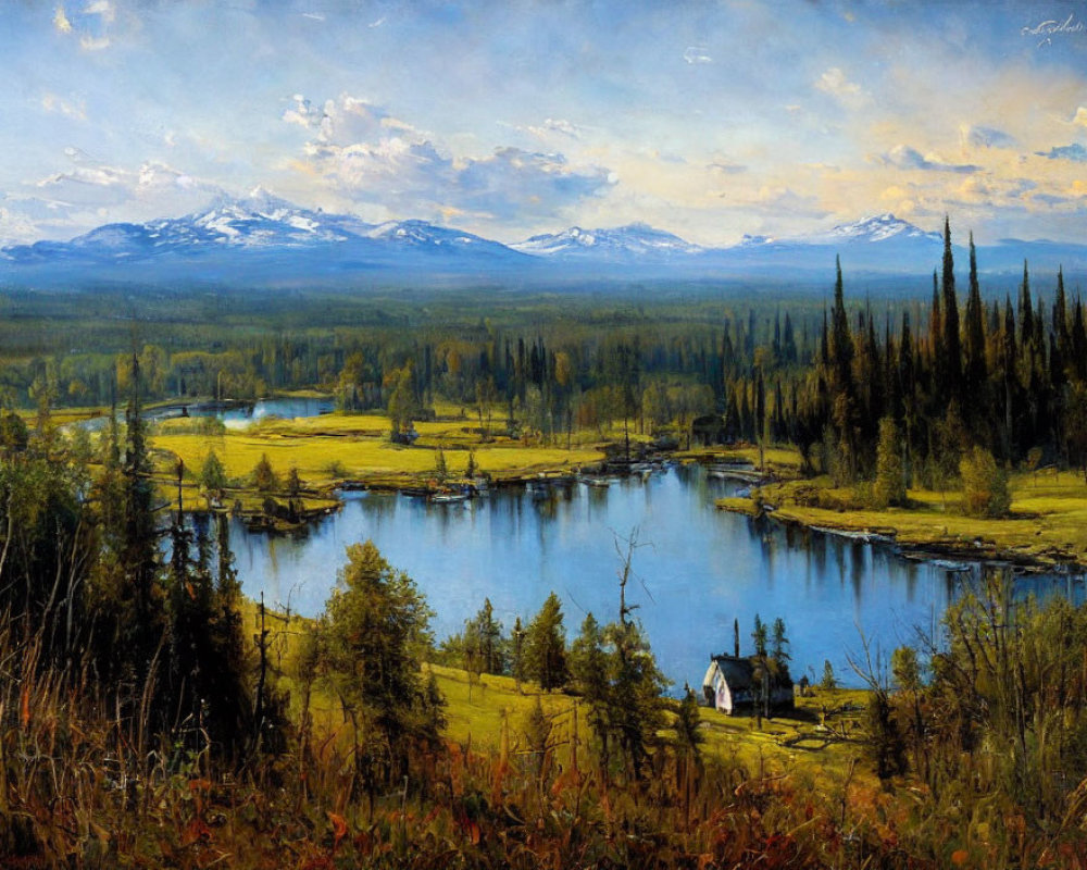 Tranquil river meandering through lush meadow with cabin