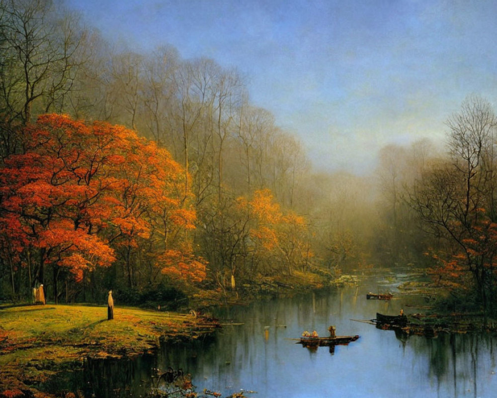 Tranquil autumn landscape with orange tree, misty lake, solitary figure, and rowboat