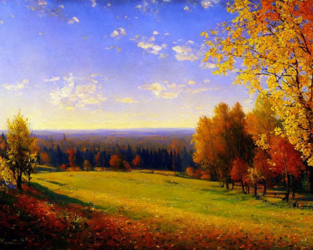 Colorful autumn landscape painting with sunlit field and vibrant trees