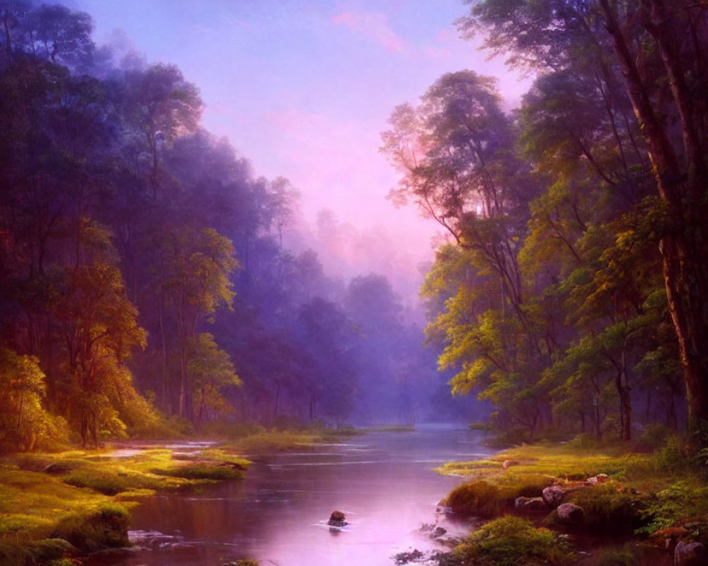 Tranquil river in lush forest at sunrise