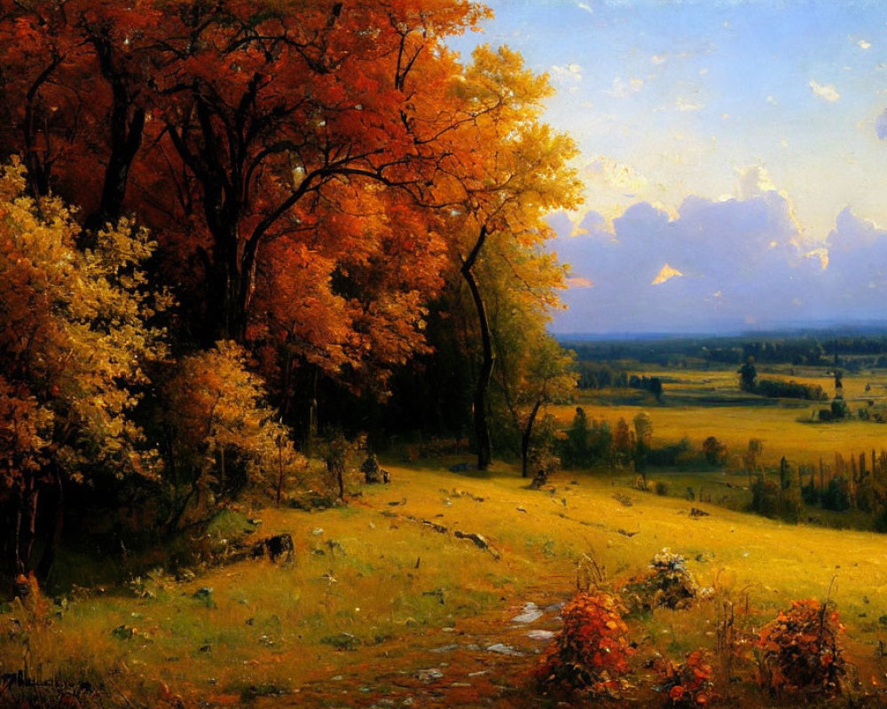 Vibrant autumn landscape with stone path and open field