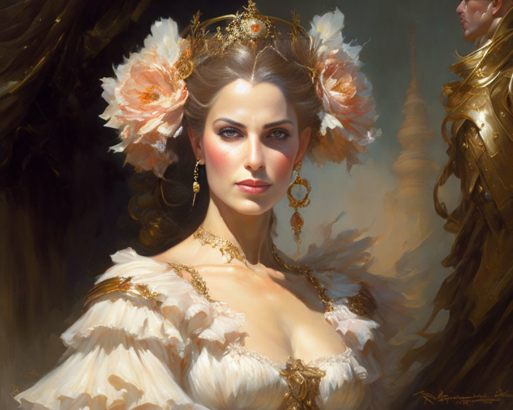 Regal woman in white and gold dress with knight in background