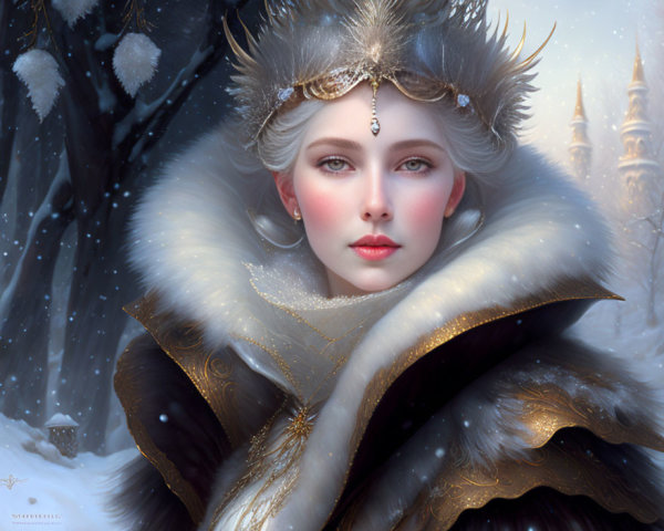 Illustrated Winter Queen with Ornate Crown in Snowy Castle Setting