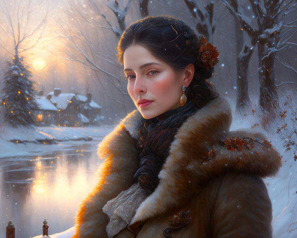 Vintage Attire Portrait: Elegant Woman in Fur Trim, Serene Snowy Landscape