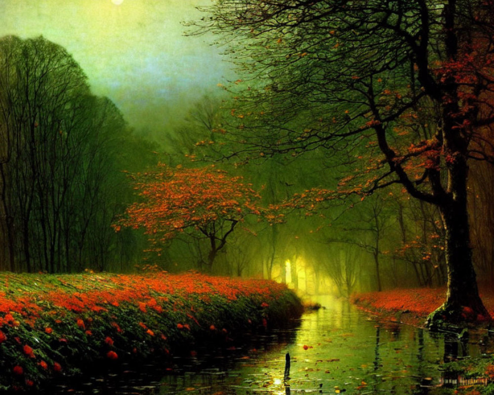 Tranquil autumn landscape with river, trees, fallen leaves, and misty light
