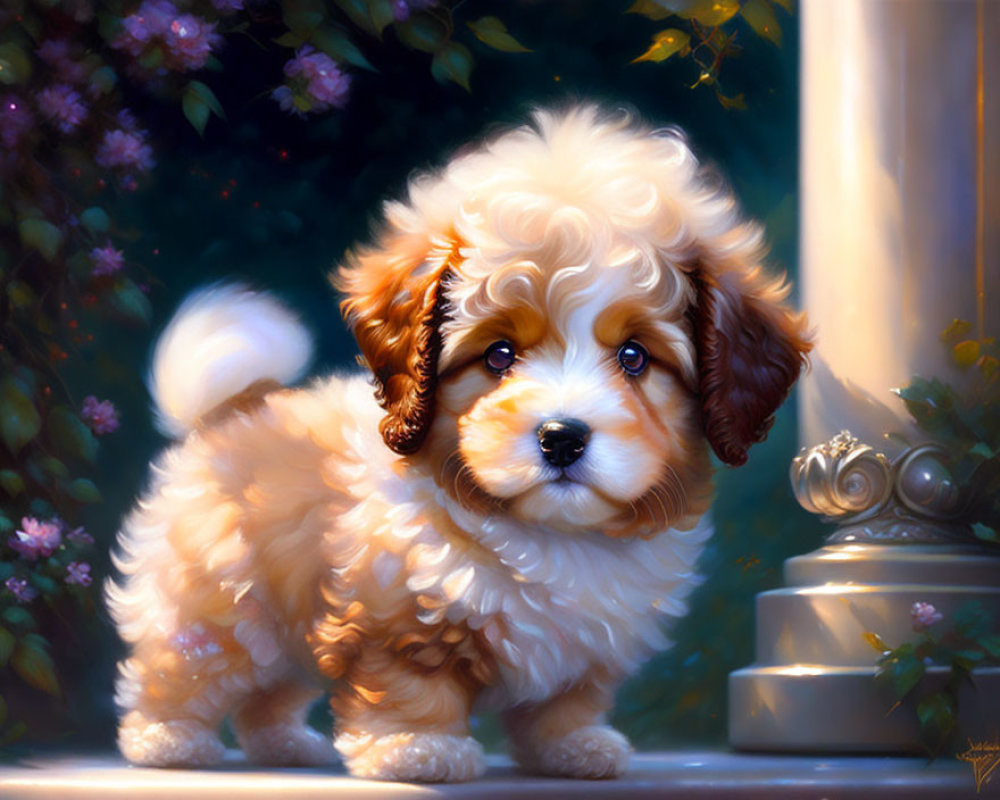 Brown and White Wavy-Coated Puppy in Garden Setting