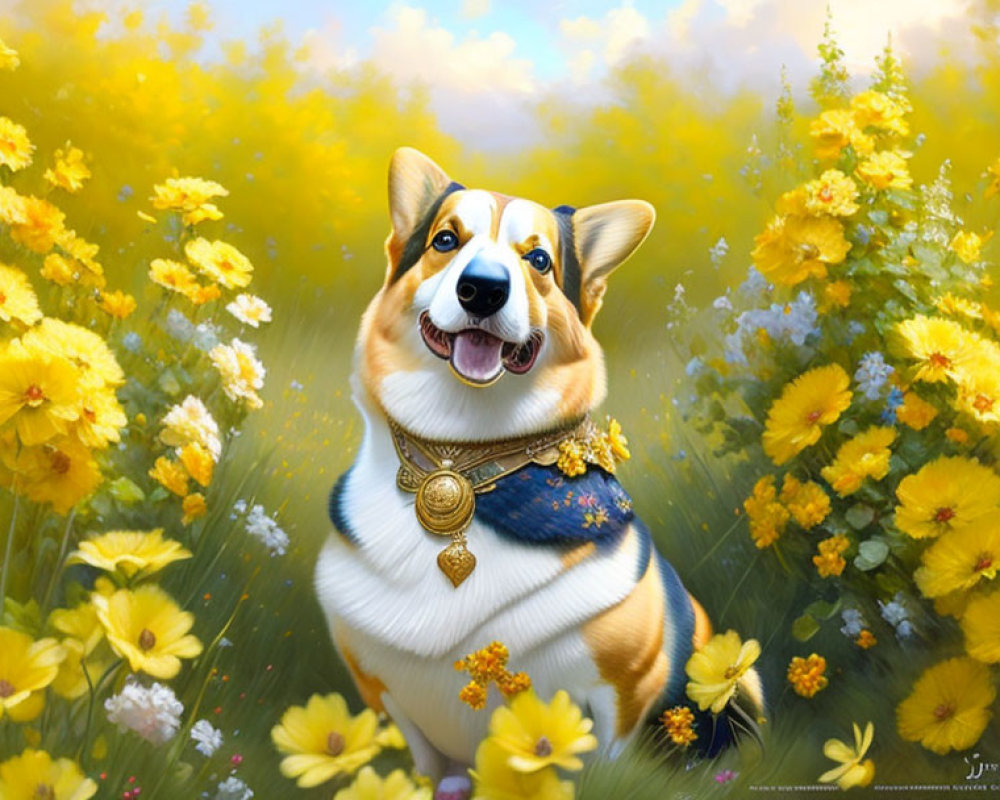 Smiling corgi in blue and gold outfit among vibrant flowers