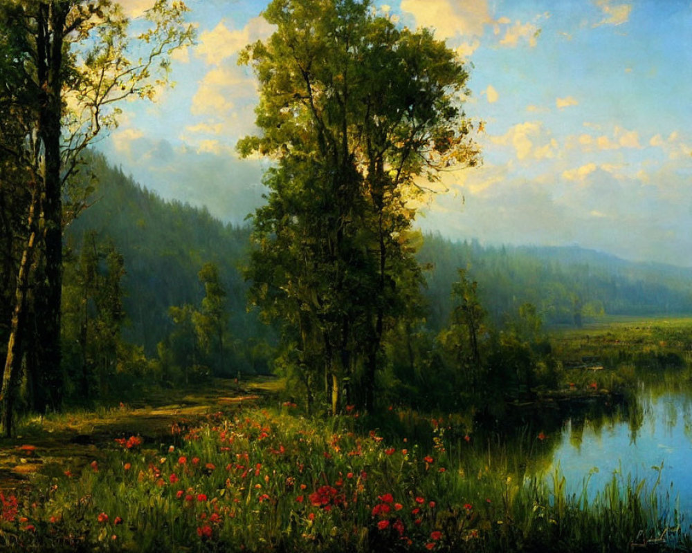 Tranquil landscape painting: lush trees, river, red flowers, hazy mountain, cloudy sky