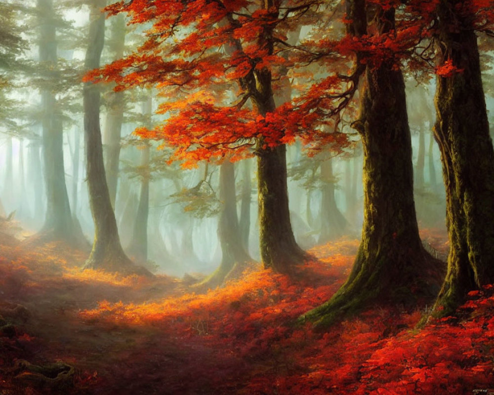 Tranquil autumn forest scene with misty backdrop and fallen foliage
