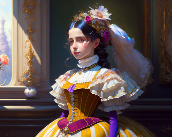 Detailed digital painting of young woman in elegant yellow and white period dress with purple accents and floral headpiece