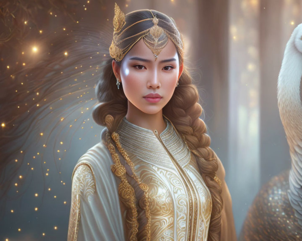 Regal woman portrait with golden ornaments and heron in glowing backdrop